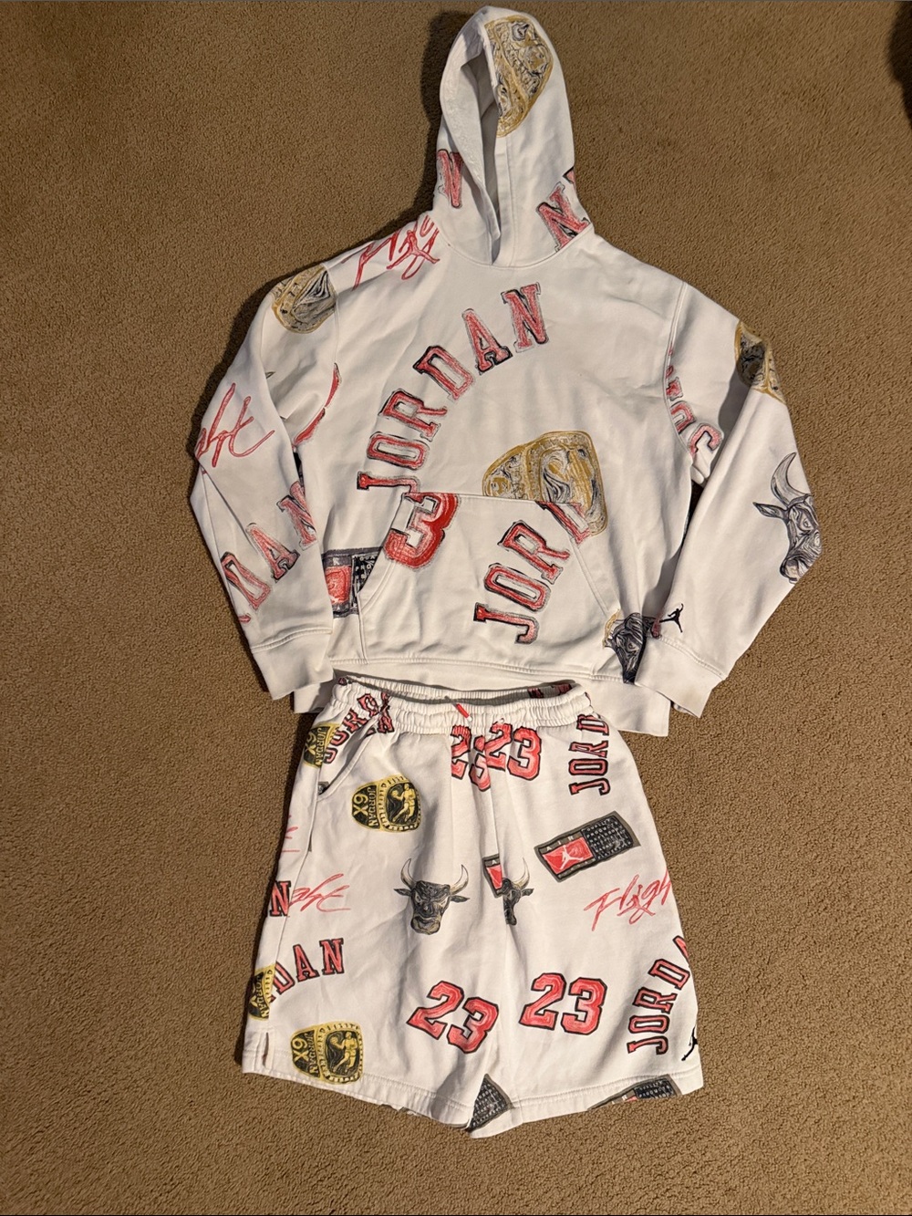 Nike jordan White Hoodie and Shorts Set with Red and Gold Accents